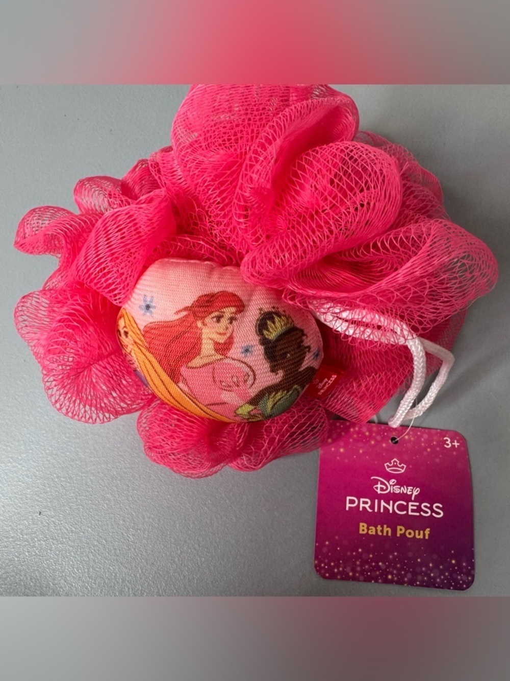 Disney Princess vibrant Hot Pink Bath Pouf w/ Ariel Tiana Rapunzel scrubber bath